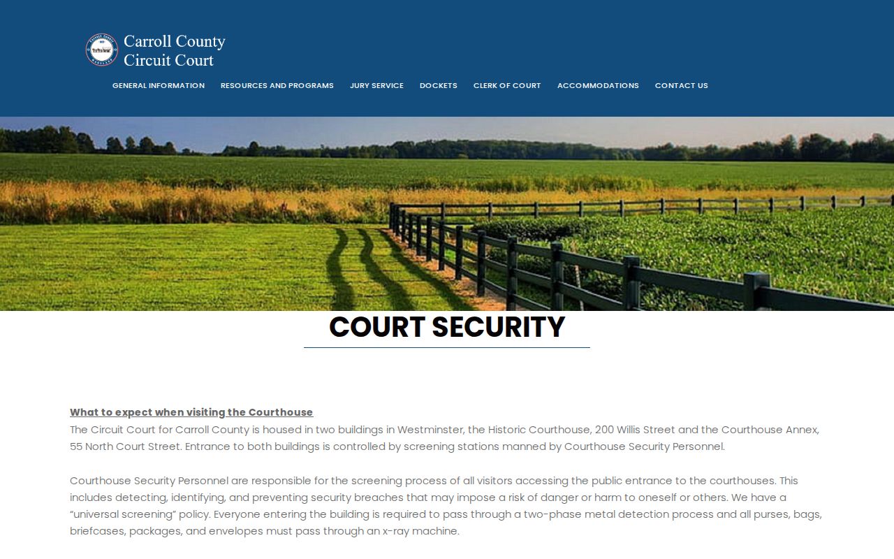 Carroll County courthouse security rules page for in-person warrant and traffic court visits