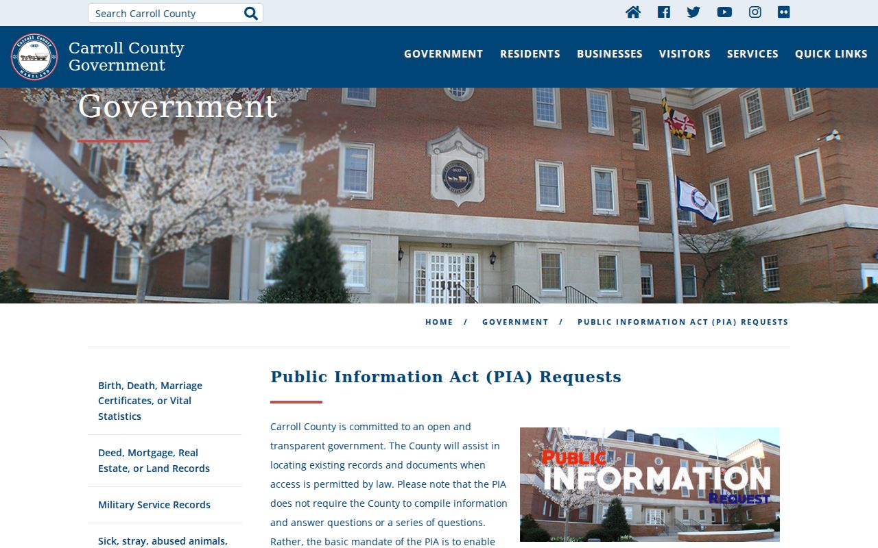 Carroll County public information act request page with fee and response deadlines for warrant records