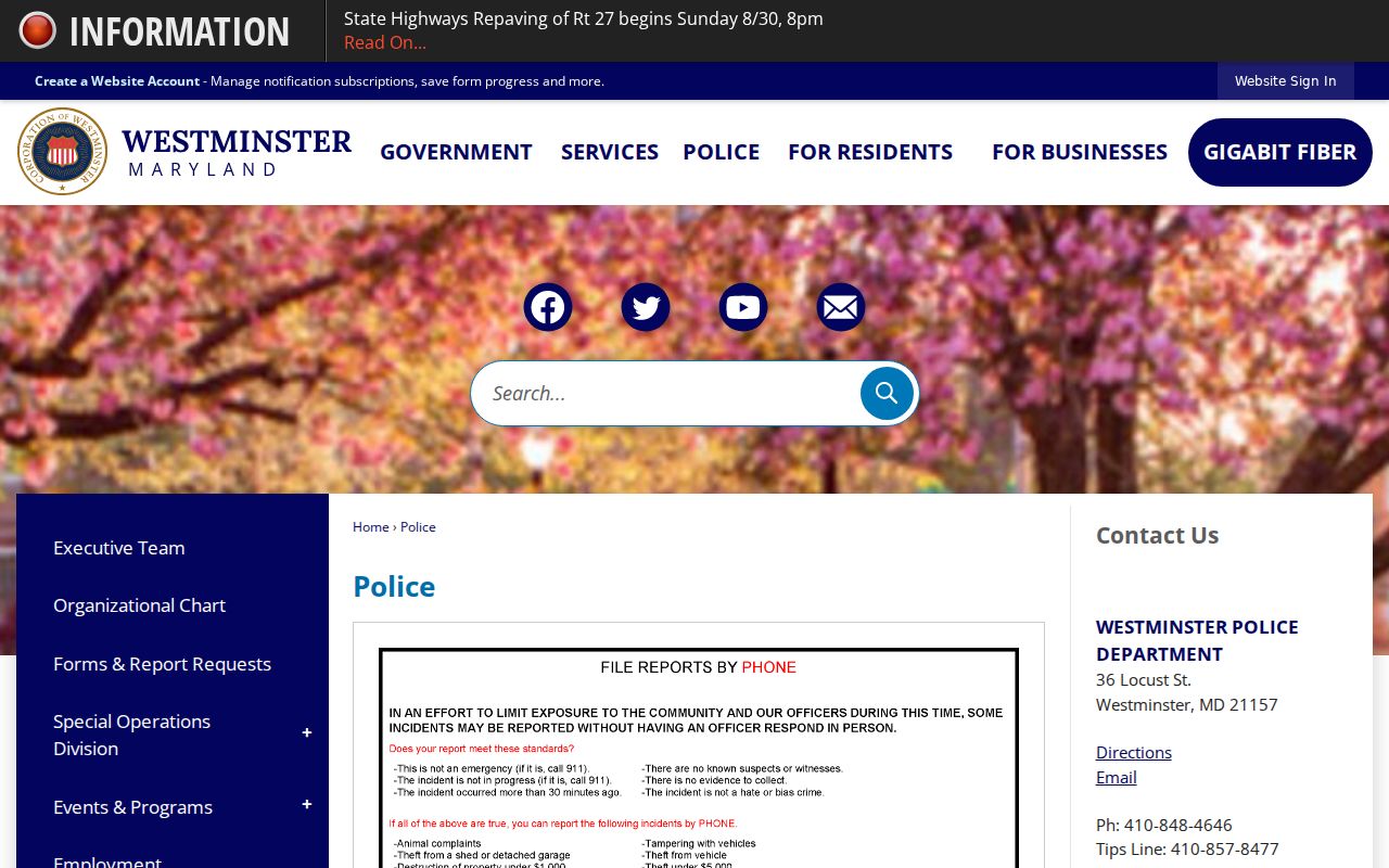 Westminster Police Department page, the municipal agency that processes Carroll County warrants for service