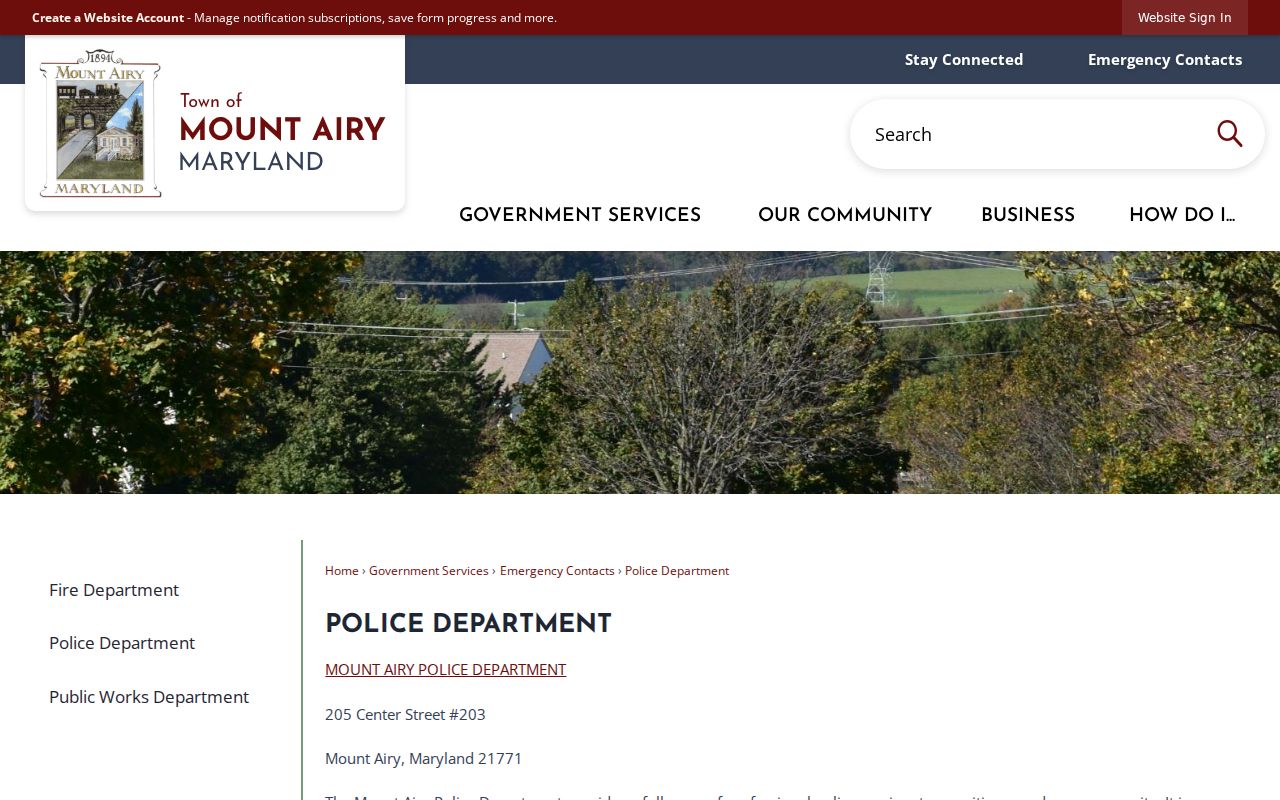 Mount Airy Police Department page, a town agency that coordinates Carroll County warrant service