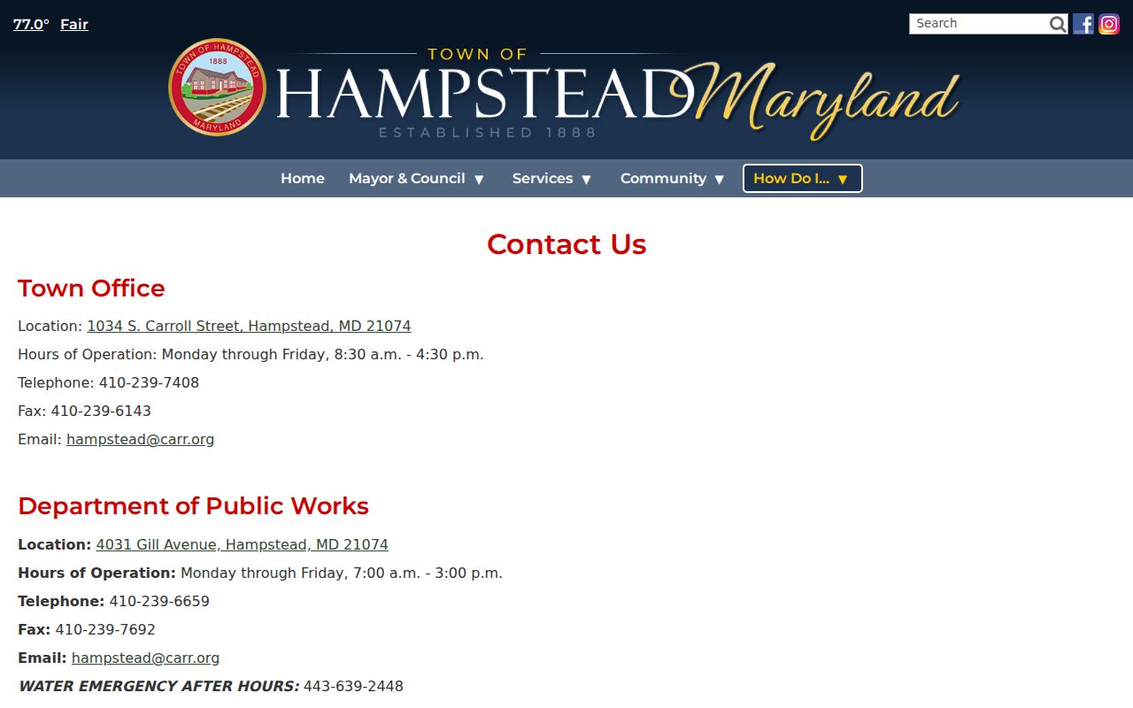 Hampstead town contact page listing the police department address, administrative phone number, and town office hours