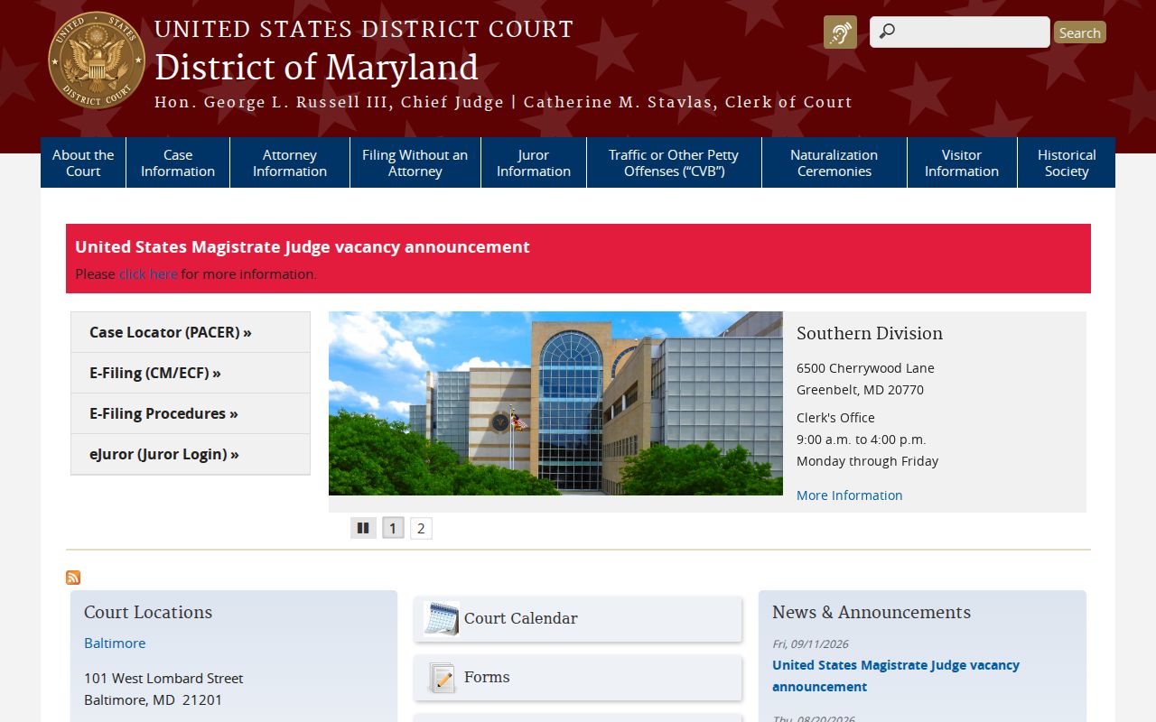 Federal court page for the District of Maryland covering federal warrants near Carroll County