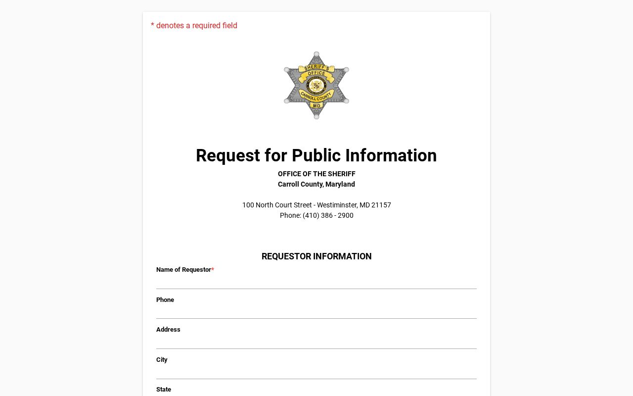 Carroll County sheriff JustFOIA request portal for law enforcement and warrant records